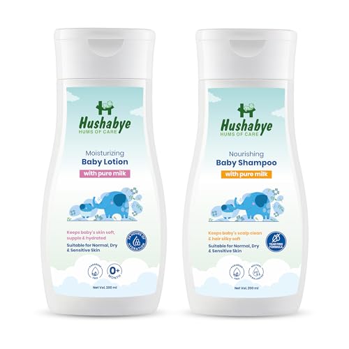 Image of Hushabye Moisturizing Baby Lotion & Nourishing Baby Shampoo with Milk Protein | Tear-Free Formula, pH Balanced for All Skin Types | Newborn Bath Gift Set, 200ml Each, Combo Pack of 2