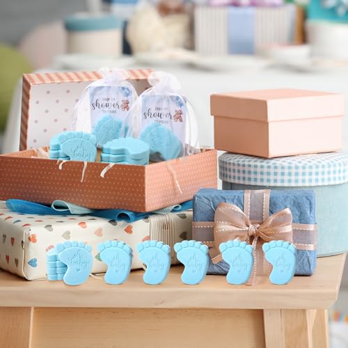 Image of 50 Sets Baby Shower Soap Favors for Guests - Mini Handmade Footprint Scented Soap with Thank You Cards and Organza Bag, Party Gifts for Gender Reveal Baptism(Bear,Blue)