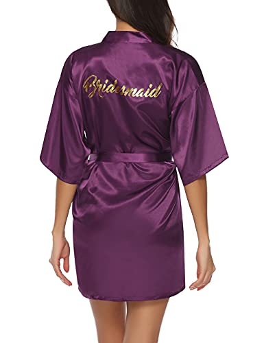 Nieery Kimono Peignoir Satin Femme Court Mariée Bridemaid Robe de Chambre Nui,Violet,XL