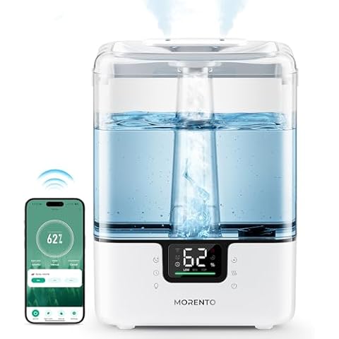 MORENTO Smart Humidifiers for Bedroom Large Room Home, 6L Cool Mist Top Fill Humidifiers with Essential Oil Diffuser, 7 Color NightLight, Smart App & Voice Control, for Nursery and Plants, White Cover