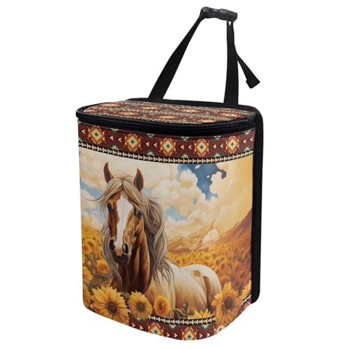 Image of Aztec Horse Sunflower Car Trash Can Hanging Leak Proof Trash Bin Hanging for Back /Front /Console of Cars,Horse Car Accessories for Women Men