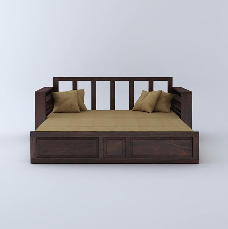 Image of Solid Sheesham Wood Sofa Cum Bed 2 Seater | Wooden Foldable Double Bed for Living Room with Headboard & Storage | Bed Cum Sofa with Mattress for Home | Dalla Design (Walnut Finish)
