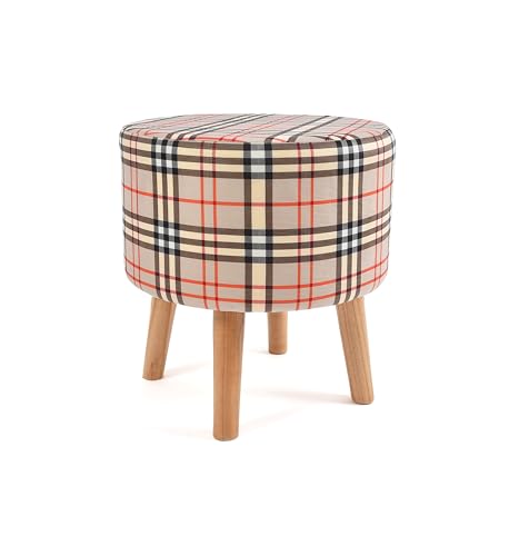 Image of NACIA Printed Ottoman Stool Set of 2 | Soft Cushioned Velvet Pouf Footrest with Wooden Legs | Decorative Seating Stool for Bedroom Living Room Home & Office (16x16x17 Inch, Cream Strip)