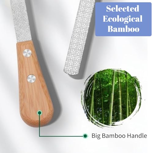 KINTEGOOD Stainless Steel Nail File with Anti-Slip Grip, Bamboo Handle, Double-Sided Coarse and Fine Filing, Leather Storage Case, Nail Cleaning Tip