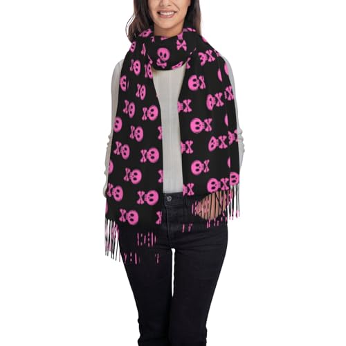 Scarf for Women Pink Skull Crossbones Halloween Cartoon Lightweight Tassel Warm Blanket Scarves Womens Shawl Wraps