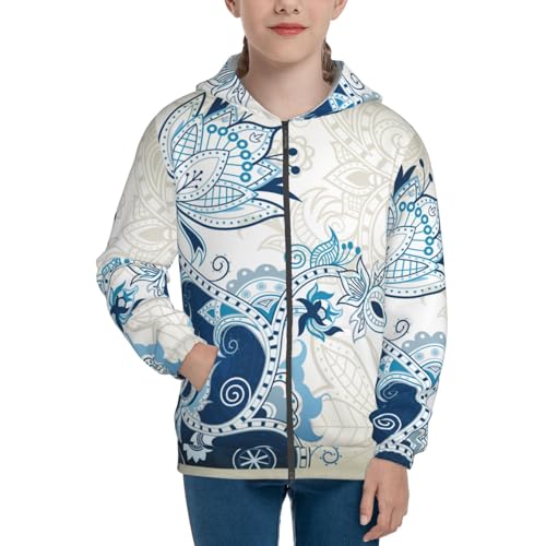 Abstract Blue Floral Kids Pullover Hoodies Boys Zip Up Sweatshirts Girls Athletic Clothes with Pocket3