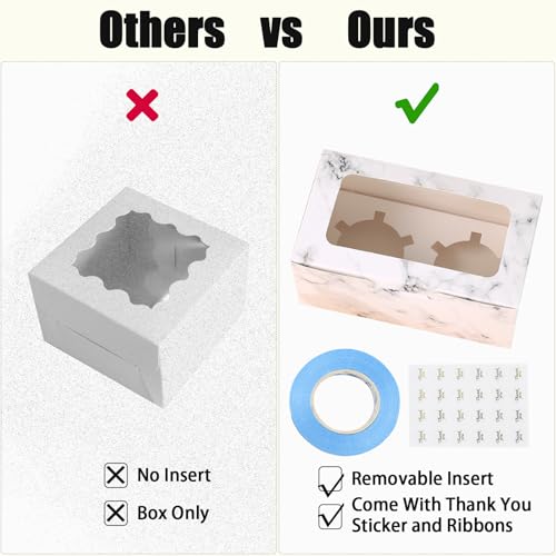 14Stks Weiße Karton Cupcake Transportbox, Stabile Konstruktion 2 Löchern Cupcake Boxen, Bäckerei Boxen mit Sichtfenster und Verstellbarem Einsatz 24 Aufklebern 2 Bandrollen für Gebäck Kekse Dessert