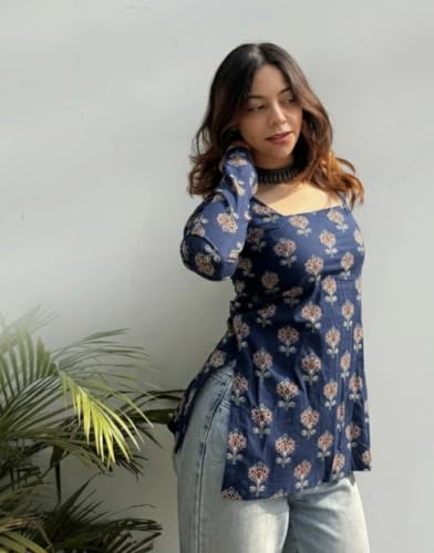 Image of FELISIA Women's Full Sleeves Rayon Printed Square Neck Short Kurti, Bell Sleeves, Short Kurti for Women, Stylish Ethnic Top, Daily Casual Western & Office wear