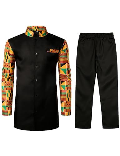 ZEROYAA Men's Kente Print Suit Long Sleeve Button up African Dashiki Shirt and Pants Ethnic 2 Piece Outfit