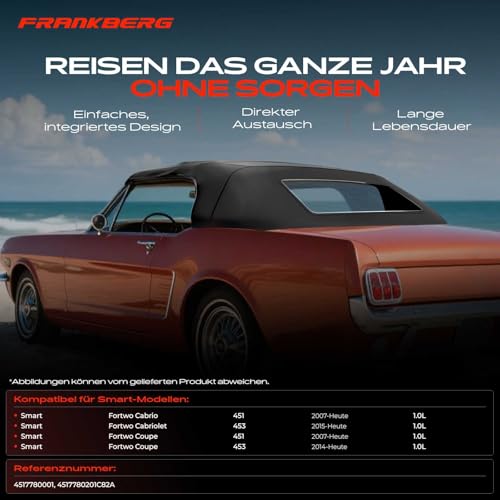 Frankberg Cabrioverdeck ohne Fenster Softtop Schwarz Kompatibel mit Fortwo Coupe 453 Fortwo Cabriolet 453 Fortwo Cabrio 451 Fortwo Coupe 451 Replace# 4517780201C82A
