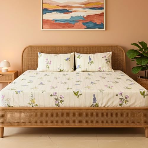 Image of Sleepy Threads King Size Blended Cotton Bedsheet with Soft and Breathable Fabric, Wrinkle Free Golden Brown Leaf Print Bedroom Bedding Set, 1 Bedsheet with 2 Pillow Cover (108x108 Inch, Light Beige)