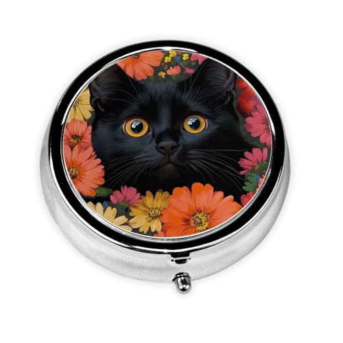 Generic Pilulier rond à 3 compartiments pour sac à main et poche en métal Motif chat noir