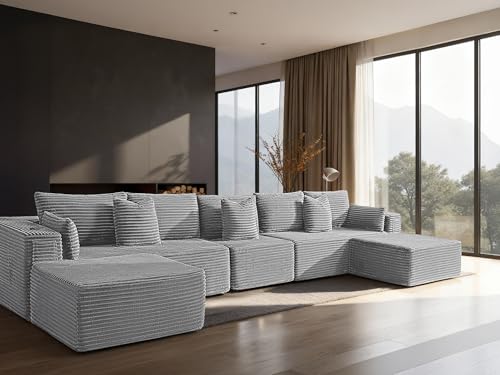 Image of 168 inch Cloud Sectional Couch, Comfort U Shaped Sofa for Living Room, Extra Deep Seats No Assembly, Minimalist Modular Couch, Corduroy (Light Grey, 7 Seats,U-Shape A)