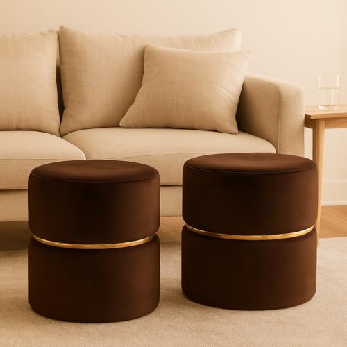 Image of JUMBO CRAFTS Wooden Puffy Stool for Living Room Round Footstool - Ottoman Stool for Living Room Furniture Round Ottoman - Sitting Pouffe Ottoman Stool /Room Dcor /Office Stool - (Set of 2 Brown)
