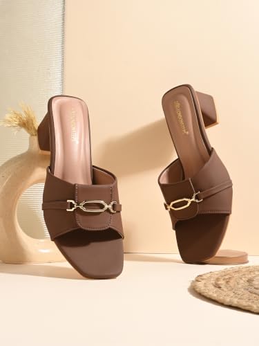 Image of Women's Block Heel Mule Sandals | Stylish Slip-On Heels with Metal Chain Detail | Cushioned Footbed | Square Toe Fashion Slides for Party, Office & Casual Wear