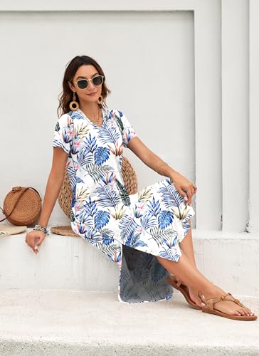 Image of MISFAY Womens Maxi Dress Short Sleeve V Neck Loose with Pockets | Soft stretchy breathable, v neck loose fit, side split hem, two side pockets, casual daily beach vacation travel dress