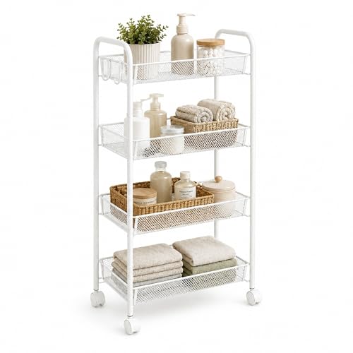 INDE CONFORTIME | Carrito Auxiliar con Ruedas 4 Niveles, Estantería de Baño Metálica Blanca con Cestas y Ganchos, Carrito de Cocina y Verdulero, Mueble Auxiliar de Baño Estrecho para Almacenaje