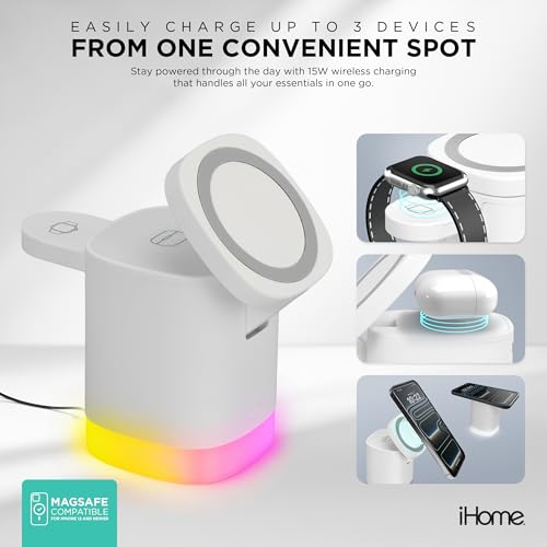 iHome 3-in-1 Wireless Charging Stand, 15W Fast Charge, LED Light, MagSafe Compatible, Foldable Design by iHome - Image 2