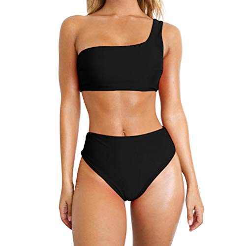 TSWRK Women's Bikini Set Two Piece Swimsuit One Shoulder Swimsuit Cute Swimwear Plain Bandeau Swimwear Swimsuit, black, M