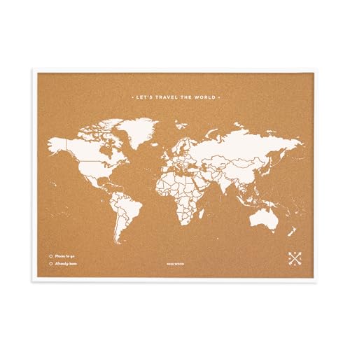 Mapa del Mundo de Corcho 90x60 cm Blanco – Decoración de Pared con Chinchetas – Ideal para Viajeros – Hecho a Mano en España – Misswood