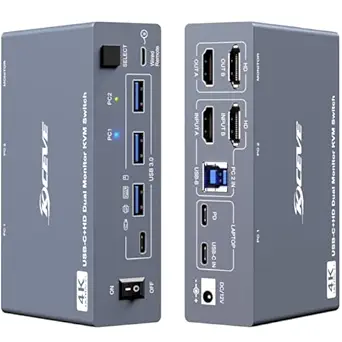 7-in-1 Dual Monitor KVM Switch Docking Station for 1 Laptop and 1 Desktop, 4K@60Hz, USB-C & HDMI, 80W Power Delivery