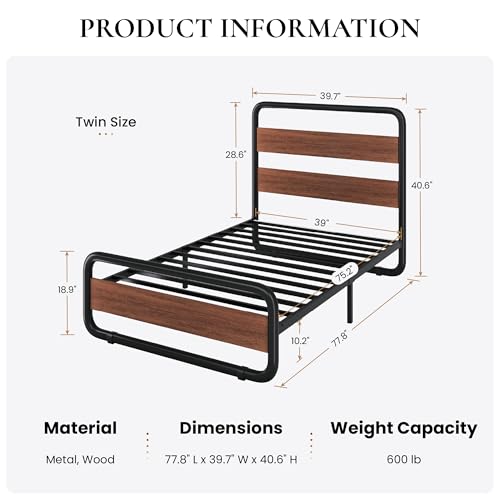 Image of SHA CERLIN Twin Size Metal Bed Frame with Wooden Headboard, Walnut