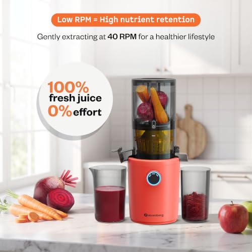 Image of Atomberg Althea Cold Press Juicer For Home | High Nutrition | 40RPM | Easy To Use & Clean | Auto Reverse | XL Hopper | Safety Features | Ideal for Fruit, Veggie Juices, Coconut Milk | Sunset Orange