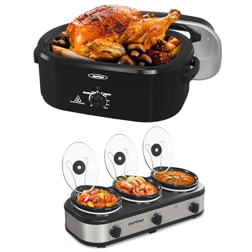 Image of Sunvivi 26 Quart Electric Roaster Oven with Glass Lid and Triple Slow Cooker, Turkey Roaster Oven Buffet with Self-Basting Lid