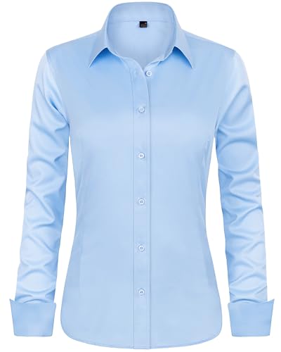 J.VER Button Down Shirts for Women Long Sleeve Collared Shirt Stretch Dressy Casual Blouses Work Professional Tops Light Blue Medium