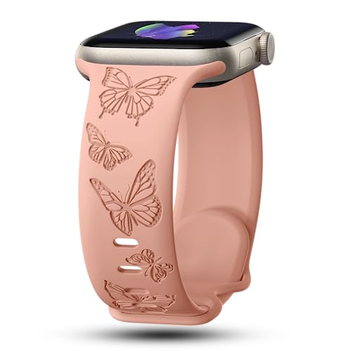 Image of Butterfly Engraved Bands Compatible with Apple Watch Band 41mm 40mm 38mm 49mm 46mm 49mm 46mm 45mm 44mm 42mm Women, Silicone Sport Strap for iWatch Series SE 10 9 8 7 6 5 4 3 2 1 SE Ultra