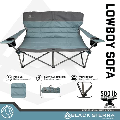 Black Sierra Low Camping Sofa, Double 2 Person Camping Chair Loveseat, Heavy Duty Camp Chair Supports 500 Lbs, Padded Folding Beach Chair With Duo Seating, Outdoor Lawn Chair W/ 2 Cup Holders #TOP1