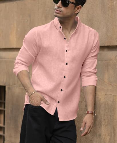 Image of NexaFlair Men's Shirt Regular Fit Solid Pattern Linen Cotton with Long Sleeve Collared Neck Standard Length and Button Down Closure Type | Mens Casual Shirts | Man's Formal Shirts