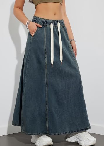 loveimgs Women Elastic High Waist Long Denim Skirt Jean Skirt Cargo Flare A Line Maxi Dress Western Skirt Pocket3