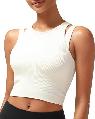 Image of RUNNING GIRL Sports Bras for Women High Impact Seamless Ribbed Longline High Neck Workout Crop Tank Tops Padded