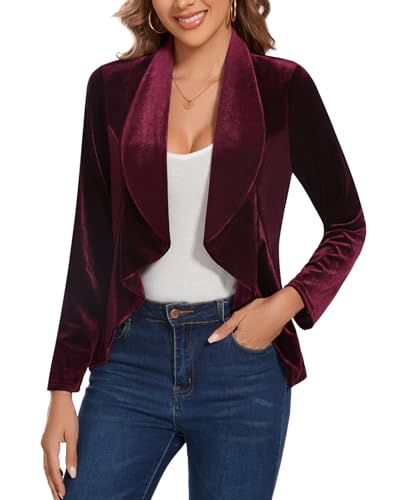 Blazer da donna in velluto, stile retrò, vintage, aperto sul davanti, a maniche lunghe