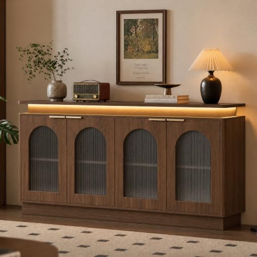 Image of LKTART 65.3 inch Sideboard Buffet Cabinet with Arched Doors LED Lights,Walnut