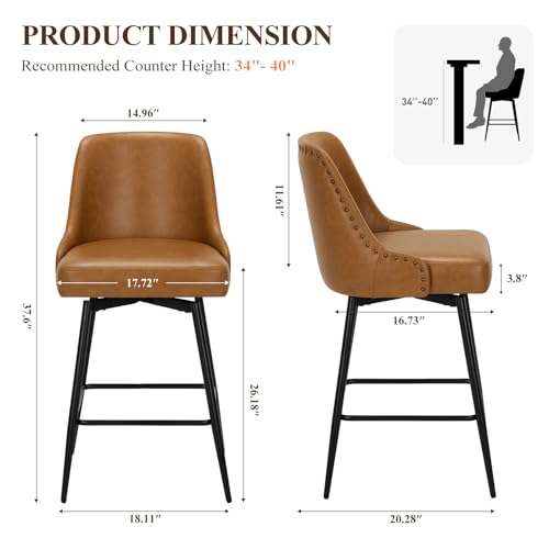 Image of MALOL Bar Stools Set of 2, 26 inch Swivel Counter Height Chairs with Back,Thick Padded Seat & Footrest,Modern Faux Leather Barstool for Kitchen Island,Dining Room,Pub,Brown