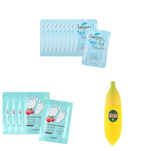 TONYMOLY Smooth Trio - Changing U Magic Foot Peeling Shoes, Gentle Exfoliating, 10 pk + I'm Lovely Peach Foot Mask, 5 ct + Magic Fruit Hand Lotion, Moisturizing Hand Cream, Banana, 1.52 oz