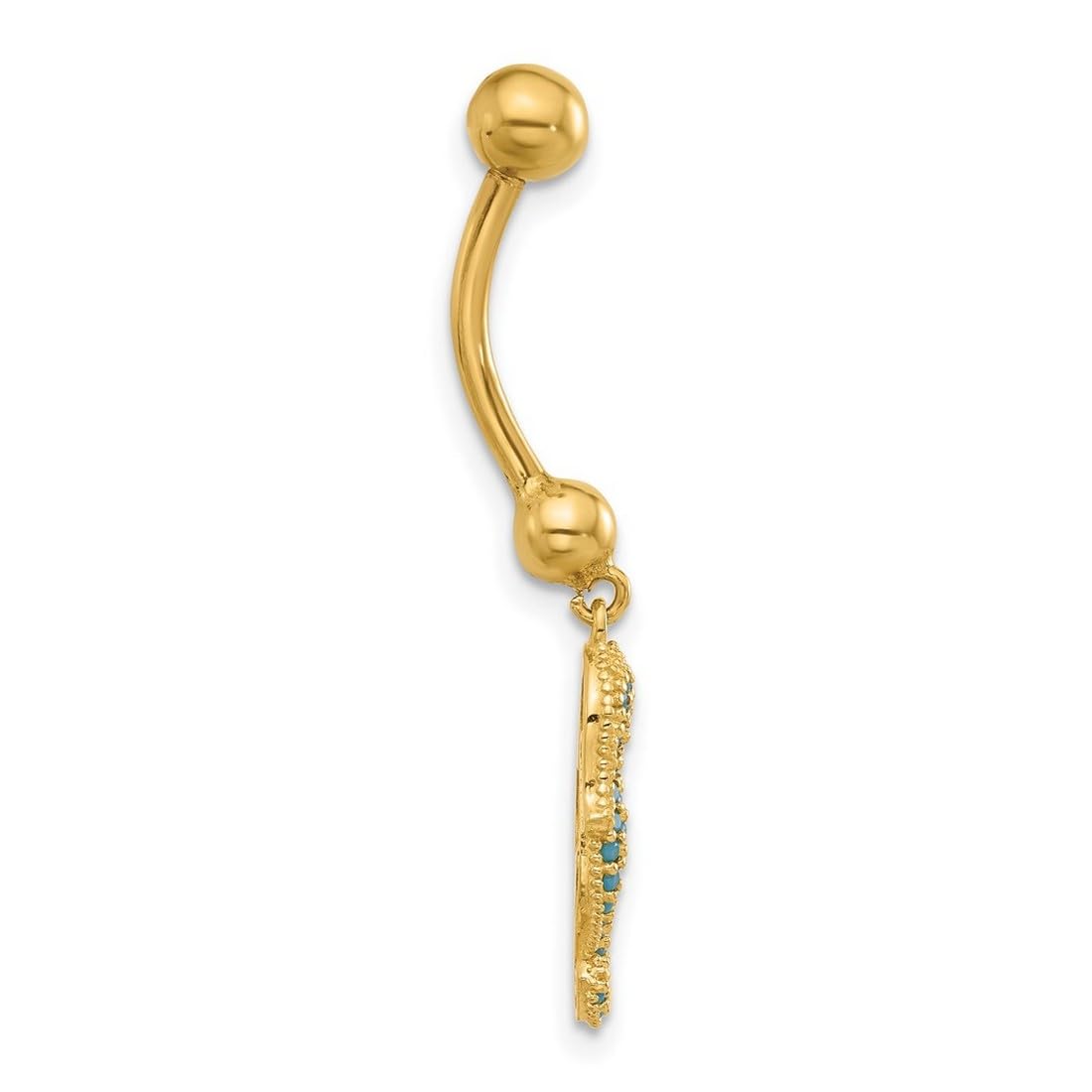 Bauchnabelpiercing aus 14 Karat Gold, 14 Gauge, polierter blauer Zirkonia, simulierter Diamant, Seepferdchen, religiöser Schutzengel, Bauchnabelring, 37 mm lang, Schmuck für Damen, One Size, Zirkonia
