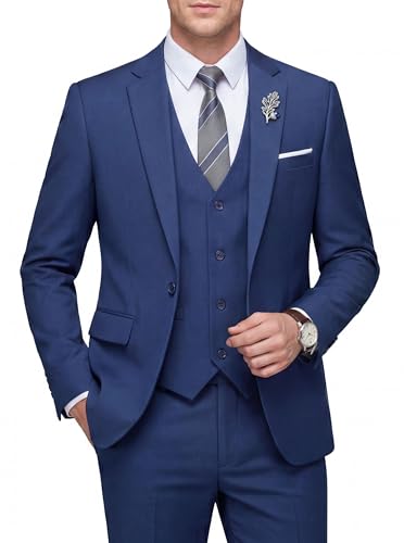 Lista de Pantalones Economicos para Caballero del mes. 43 WULFUL - Conjunto de 3 piezas para hombre, ajuste delgado, blazer sólido con un botón, chamarra de negocios, fiesta, chaleco y pantalones, marino, Large