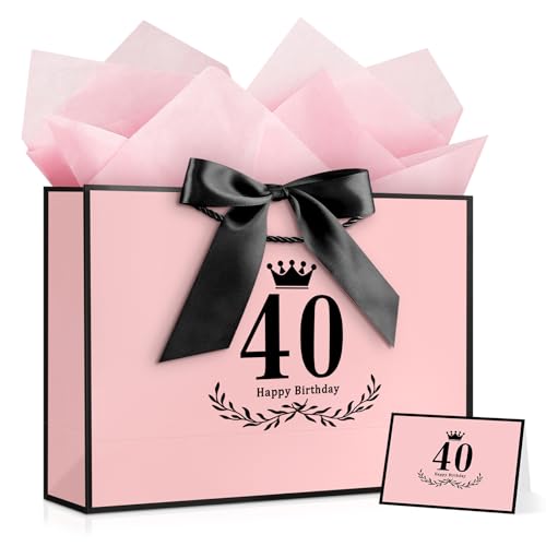 Image of JMANNI 40th Birthday Gift Bag, Pink with Black Satin Bow & Crown Design, Large Happy 40th Birthday Present Bag for Party Favors, Size 14.17 inchx9.84 inchx4.33 inch