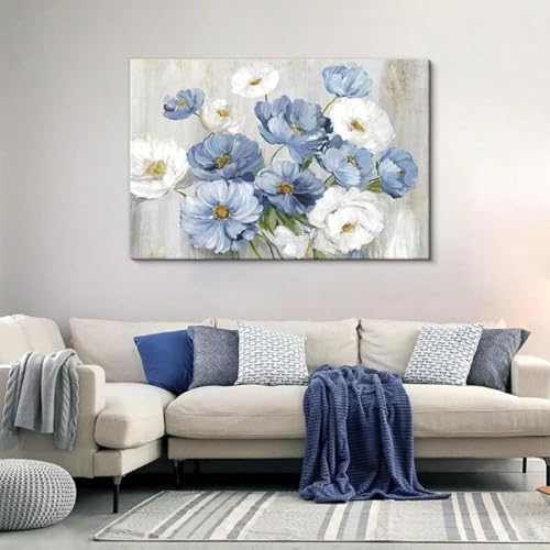 IHHGNB Decorazione da parete con fiori blu, stampa artistica su tela floreale bianca per soggiorno, bagno moderno, quadri, stampe artistiche 40x50 cm (16x20 pollici) senza cornice