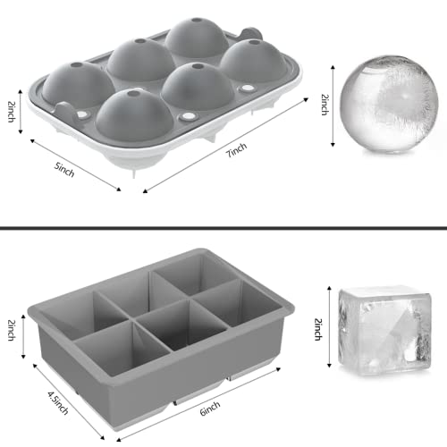 Image of 2 Pack Ice Cube Tray, 2 inch Sphere Ice Ball Mold with Lid & Large Square Maker
