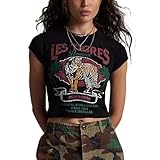 Womens Les Tigres Graphic Print Baby Tees Y2k Cute Tiger Slim Fitted Crop Tops Vintage Aesthetic T Shirts Summer Teen Girl Clothes