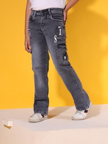 Image of Sky Heights Boy's Solid Cargo Jeans Mid Rise Regular Fit