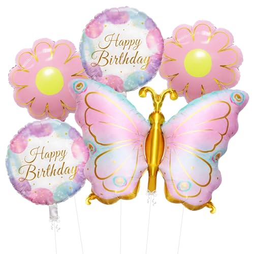 Image of Rozi Decoration Butterfly Theme Happy Birthday Foil Balloon Set with Flower Balloons for Kids Birthday Party Decoration, Pastel Pink Gold Party Decor for Girls Home Celebration