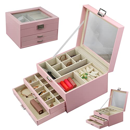 BOOVO Clear Lid Jewelry Box,3 Layers Jewelry Organizer Large Multi-Functional Jewelry Storage Box with 2 Drawers,Jewelry Display Case of Rings Earrings Necklace Bracelets for Women Girls (Pink)