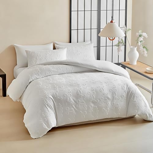 Image of 7 Pieces Bow Comforter Set for Girls White Tufted Boho Bedding Set Queen Size Farmhouse Bed in A Bag as Gifts (1 Comforter, 1 Flat Sheet, 1 Fitted Sheet, 2 Pillowcase and 2 Pillow Sham)