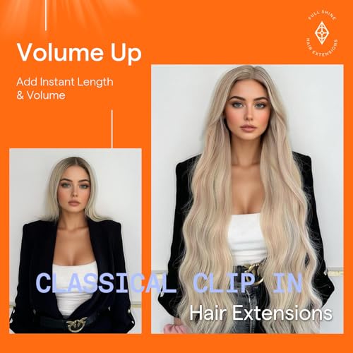 Image of Full Shine Clip in Human Hair Extensions, Ash Blonde Highlight | Real Hair Clip in Extensions, Blonde Remy Hair Extensions, Double Weft, for Fine Thinning Hair, 24 Inch 7 Pcs 120g