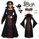 GTJEOI Disfraz Vampira para Niñas, Disfraz de Reina Vampiresa, Disfraces Carnaval Vampiresa Niña con Collar Rosa Anteojeras y Dentadura, Vestido de Vampiro para niñas para Carnaval Cosplay